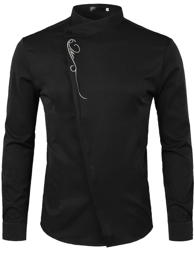 ZEROYAA Mens Hipster Embroidery Slim Fit Long Sleeve Casual Mandarin Collar Dress Shirts Z53 Black X Large - Image 1